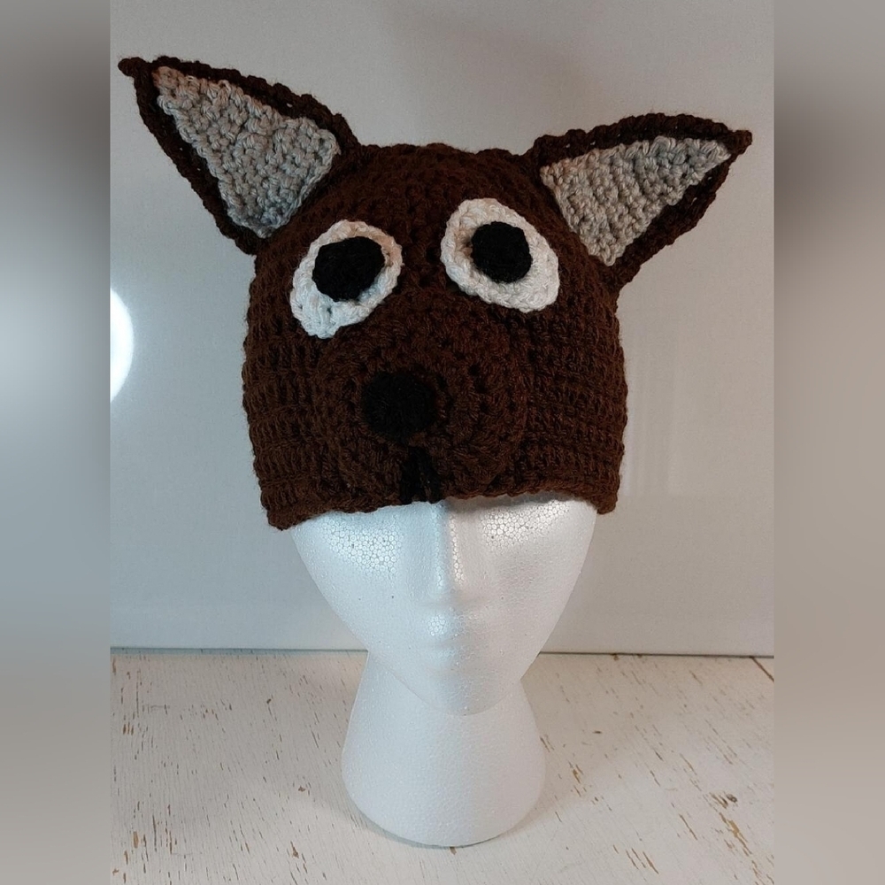 Brown Dog Child Beanie Handmade Crochet Stocking Hat Animal Winter Warm Cozy